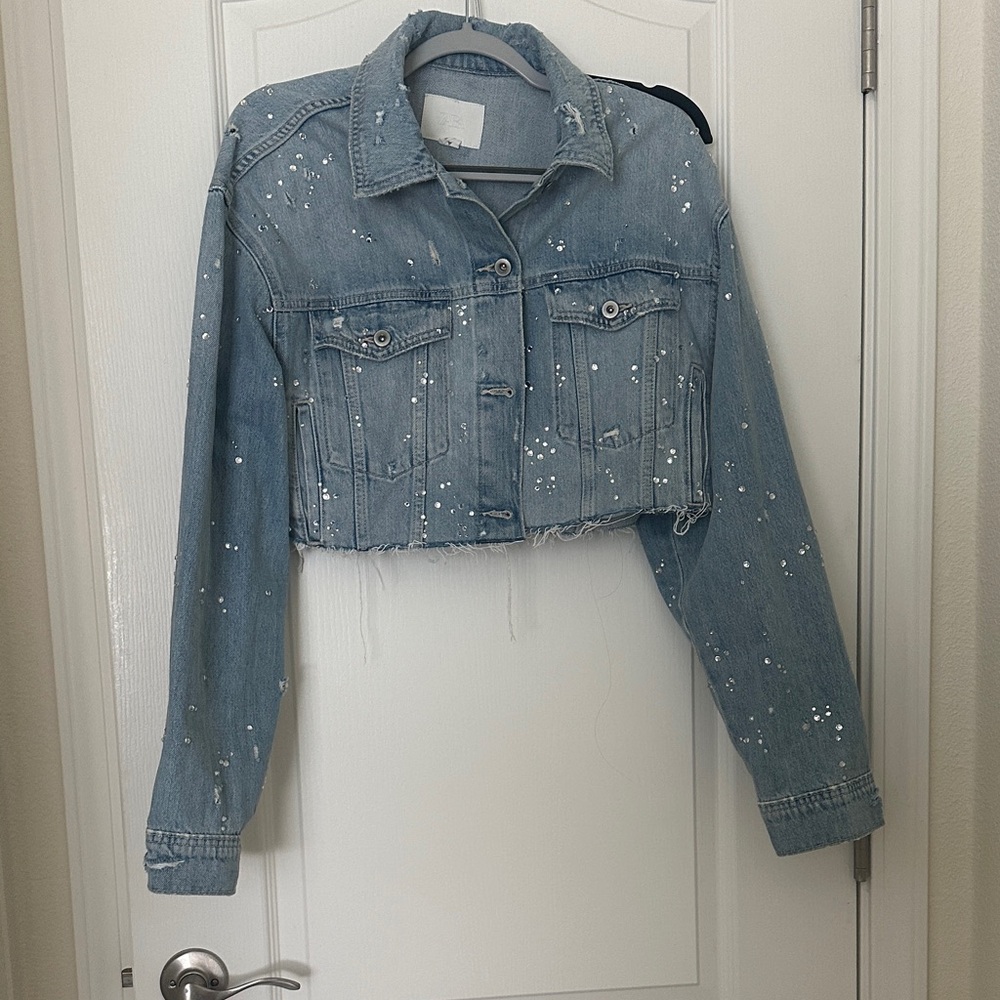 Denim Cropped Jacket with Rhinestone Details